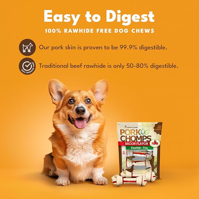 Pork Chomps Baked Pork Skin Dog Chews, 6 Inch Knots, 8 Count, 1 Pack, Bacon Flavor - Long-Lasting Treats for Dogs - High Protein, Rawhide-Free, Low Fat, Healthy & Delicious Chews