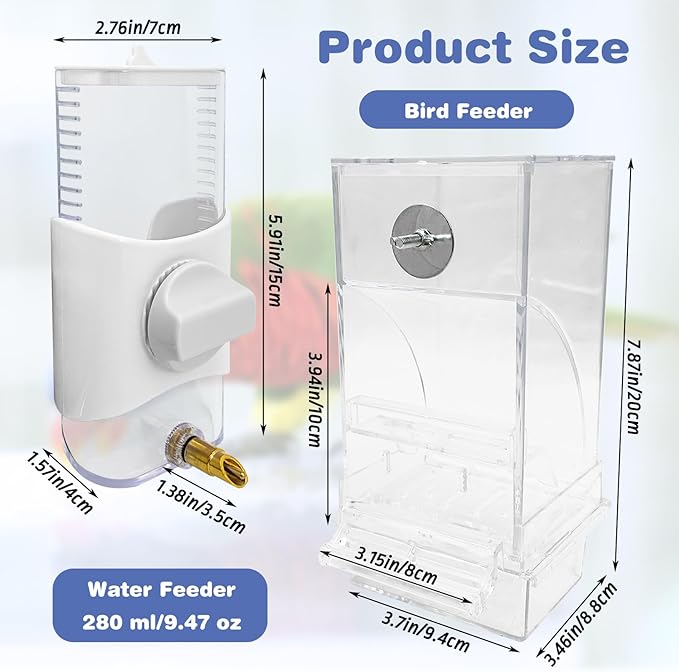 PINVNBY No Mess Bird Feeder & Water Dispenser Set Automatic Parrot Feeder Transparent Food Container Drinker Parakeet Cage Accessories for Cockatiel Budgie Lovebird Finch (White)