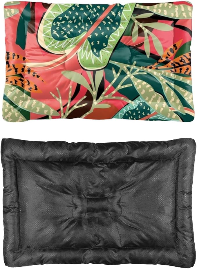 Green Red Tropical Leaves Dog Bed Puppy Patio Mat Pet Carrier Pad Puppy Bed for Crate Washable Non-Slip Dog Crate Pillow for Dogs Medium Mat Medium Sized Indoor Outdoor 36X24 Inch