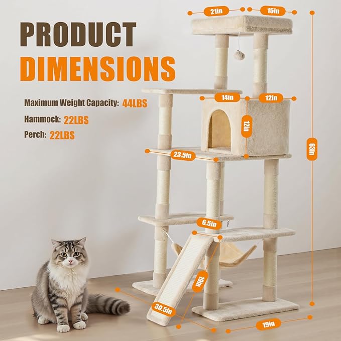 Large Cat Tree 63 Inch, Multi-Level Tall Cat Tree Tower with Condo, Perch, Sisal Scratching Posts Board and Hammock, Pet Play House with Dangling Balls for Indoor Cats, Beige