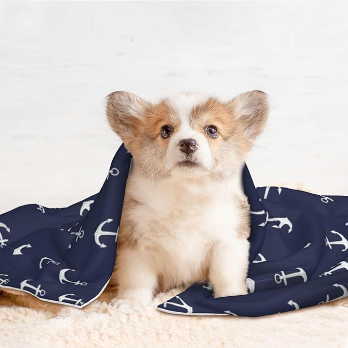 Pet Blanket for Car Rides Vet Visits, Nautical Anchor Navy, Two Sided Reversible Plush Design with Bumpy Dot Side Offers Comfort Home Piece On Go Travel