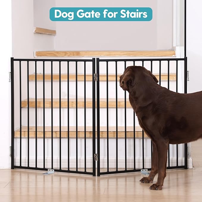 No Pawblems Free Standing Dog Gate with Door, 30'' Tall Foldable Dog Fence for Indoor & Outdoor, Up to 52 Inch Extra Wide Puppy Gate for Stairs, Hallways, Doorways, Deck, Yard (Black, 2 Panels)