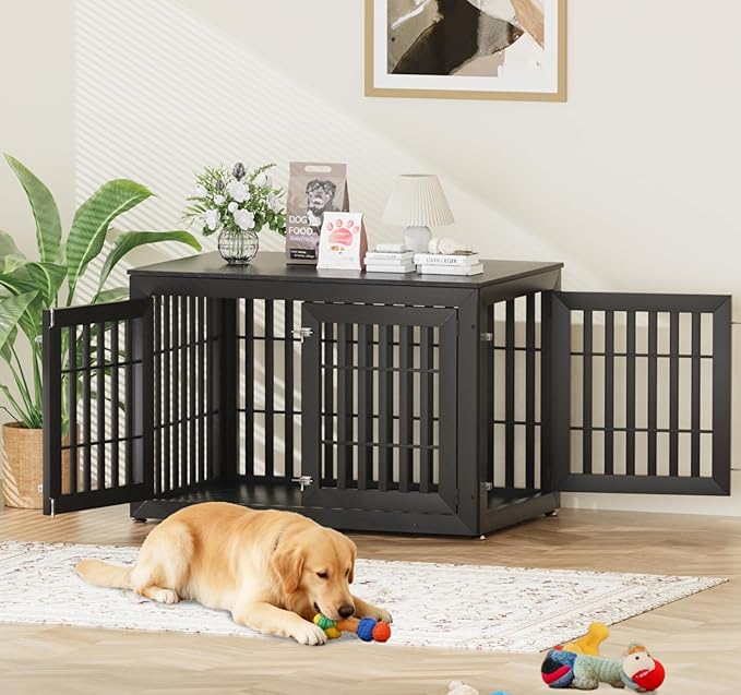 48" Heavy Duty Dog Crate Furniture for Small,Medium and Large Dogs,Rustic Wooden Dog Cage Kennel Indoor Furniture with Waterproof Top,Decorative Pet House Side End Table (Black)