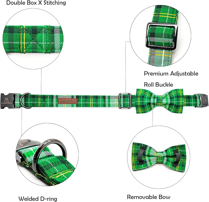 Lionheart glory Dog Bow Collar St. Patrick's Day Dog Collar for Medium Dogs, Adjustable Green Plaid Collars Spring Dog Collar with Bowtie Pet Collar Bows Cute Collars