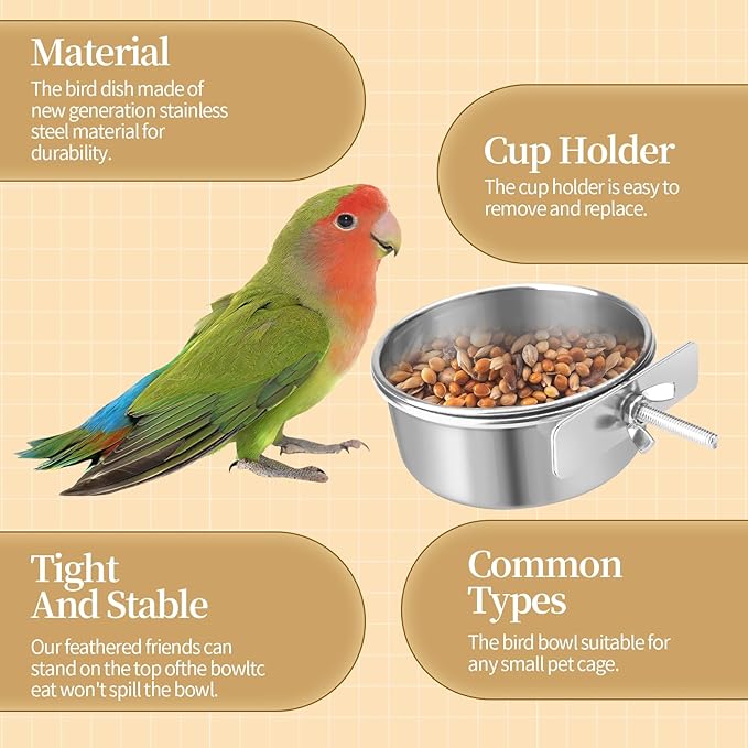 Bird Cage Feeder, Bird Feeder for Cage, 20OZ Stainless Steel Parrot Food Water Bowls with Clamp Holder, Hanging Feeding Dish Cups for Cockatiel Parakeet Conure Budgie Lovebird Small Animal