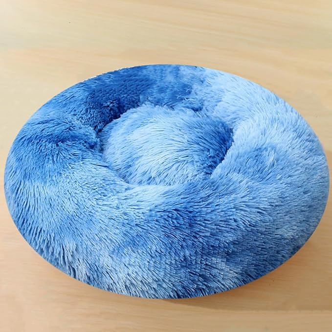 Large Calming Dog Bed, 40 Inch Anti-Anxiety Donut Dog Cuddler Cat Bed, Warming Cozy Soft Dogs Round Bed, Fluffy Faux Fur Machine Washable Pet Cushion for Medium Large Dogs & Cats (Blue White)