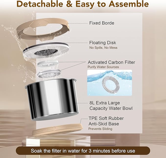 UPSKY Dog Water Bowl No Spill 8L Stainless Steel, 2.1 Gallon Large Capacity Spill-Proof Dog Bowls, Non-Slip Slow Drinking Anti-Splash Bowl for Large Messy Drinkers, No Mess Indoor/Outdoor Use, Beige
