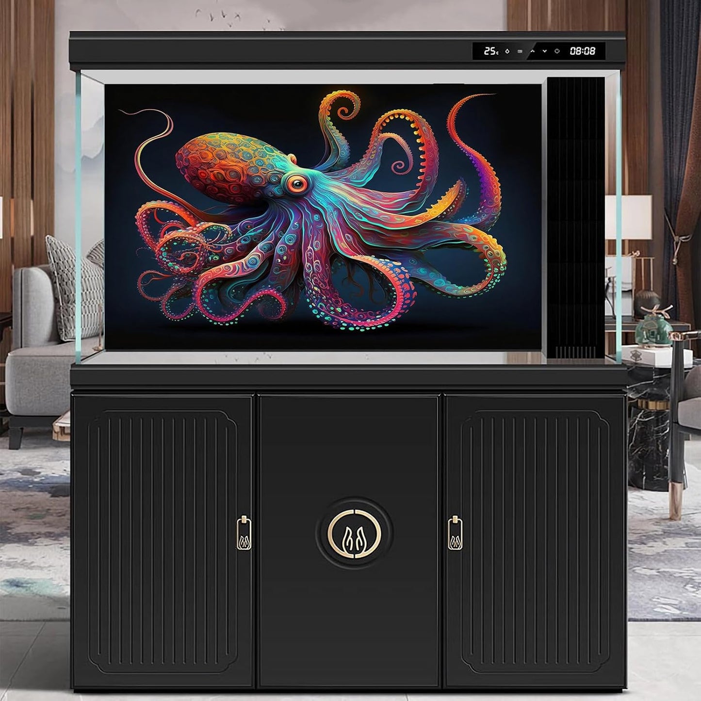 Exquisite Octopus Aquarium Background Abstract Colorful Octopus Terrarium Background Glowing Octopus on Black Background Fish Tank Backdrop Octopus Backdrops Poster Wallpaper Decors Vinyl 36x20in