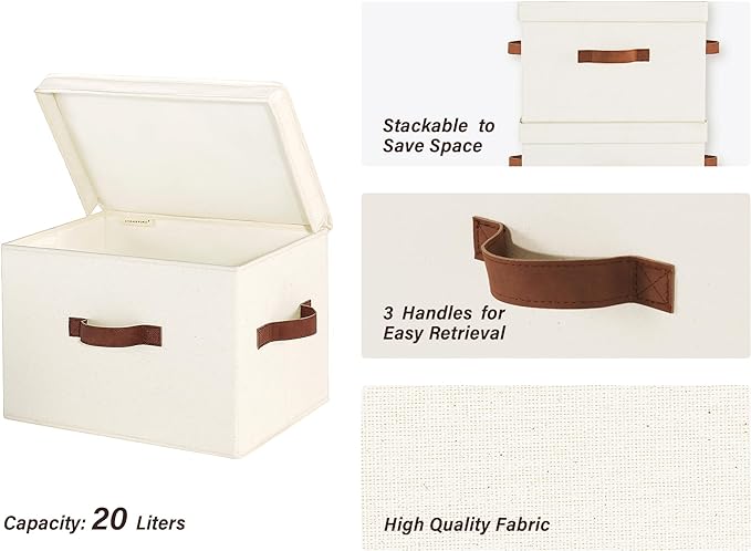 StorageWorks Fabric Storage Bins with Lid, Decorative Storage Boxes for Shelves, Stackable Closet Organizer Basket with Handles, Large, Ivory White, 2-Pack