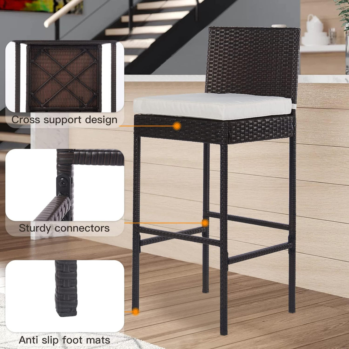 PayLessHere Outdoor Bar Stools Rattan Bar Chairs Set of 2 Wicker Bar stools Counter Height Patio Bar Chairs with Backrest Cushion Footrest for Patio Lawn Backyard, Brown