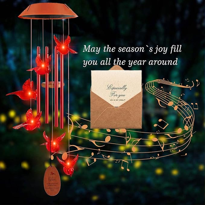 Cardinal Solar Wind Chimes Outdoor, Cardinal Bird Wind Chime Light with 4 Red Metal Tube, Cardinal Gifts for Women Mom Grandma, Birthday Gifts Memorial Sympathy Gift