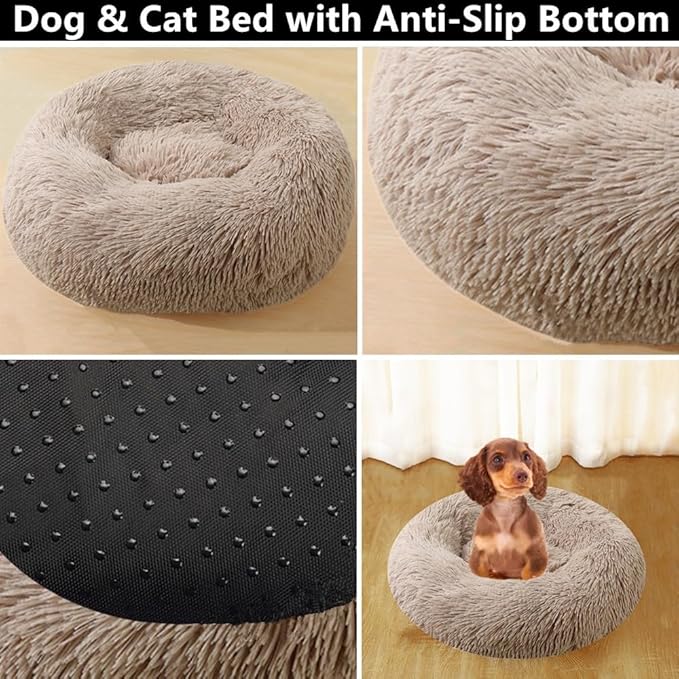 Calming Dog & Cat Bed, 24 Inch Anti-Anxiety Donut Cuddler Cat Bed with Anti-Slip Bottom, Washable Round Fluffy Pet Bed for Small Medium Dogs and Cats (Rose White)