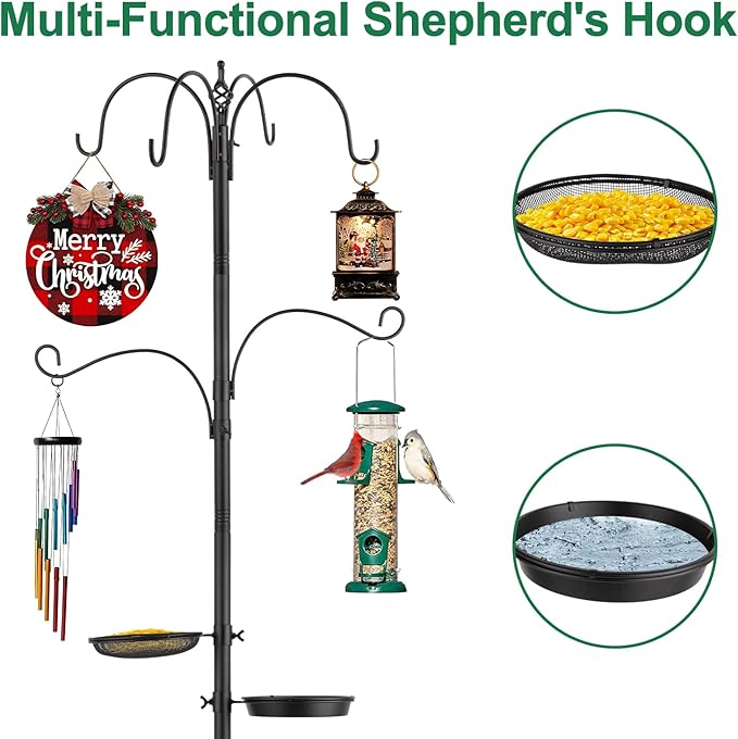 Camii 103 in Bird Feeding Station Kit, 6-Hook Wild Bird Feeder Stand Pole, Steel Multi-Feeder Pole with 5-Prong Base, Mesh Tray, Bird Bath for Attracting Wild Birds