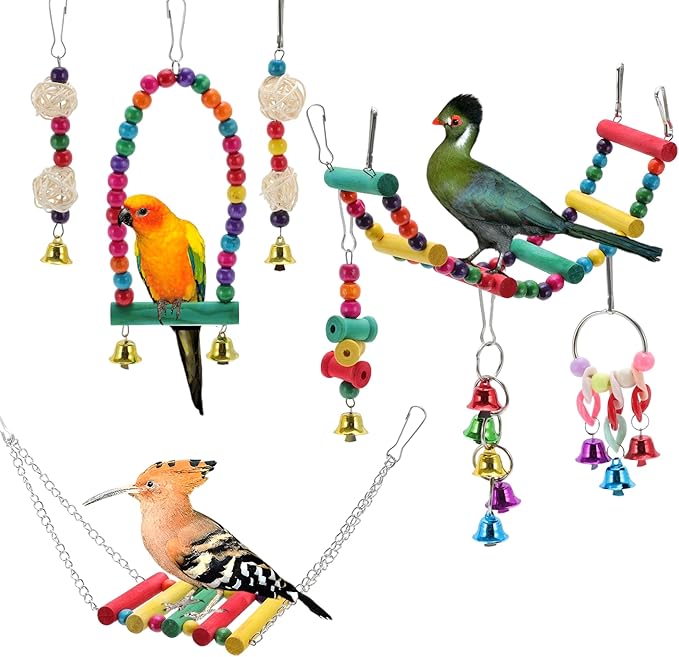 Cockatiel Toys, Bird Parrot Swing, Chewing Toy Set, Pet Birds Toys for Parakeet Conures Finches, 15 Pcs Multifunctional Hanging Bell Climbing Ladders