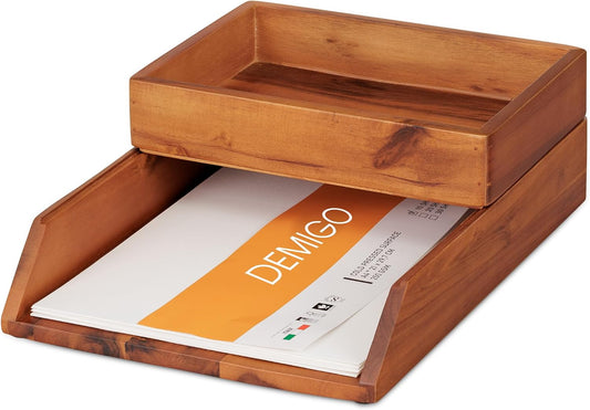DEMIGO Desk Organizer Letter Tray Set of 2, Natural Acacia Wood Paper Tray