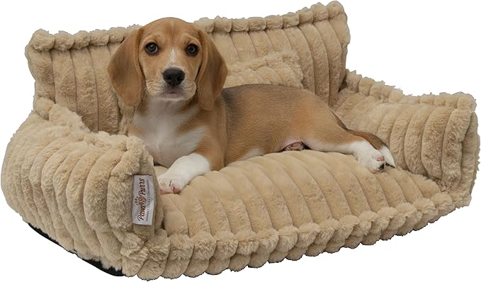 Grooved Pet Bed for Small to Medium Dogs or Cats, Soft Ribbed Corduroy-Style Polyester Fabric, Supportive Bolsters, Removable Cover, Non-Slip Base, Sofa Pet Lounger with Mini Play Cushion, Camel
