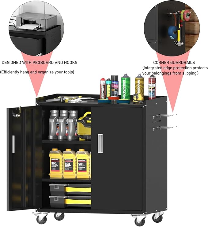 Metal Garage Storage Cabinet with Wheels ，Lockable Rolling Tool Chest on Wheels, Utility Cabinet for Home, Office, Garage and Workshop(Black)