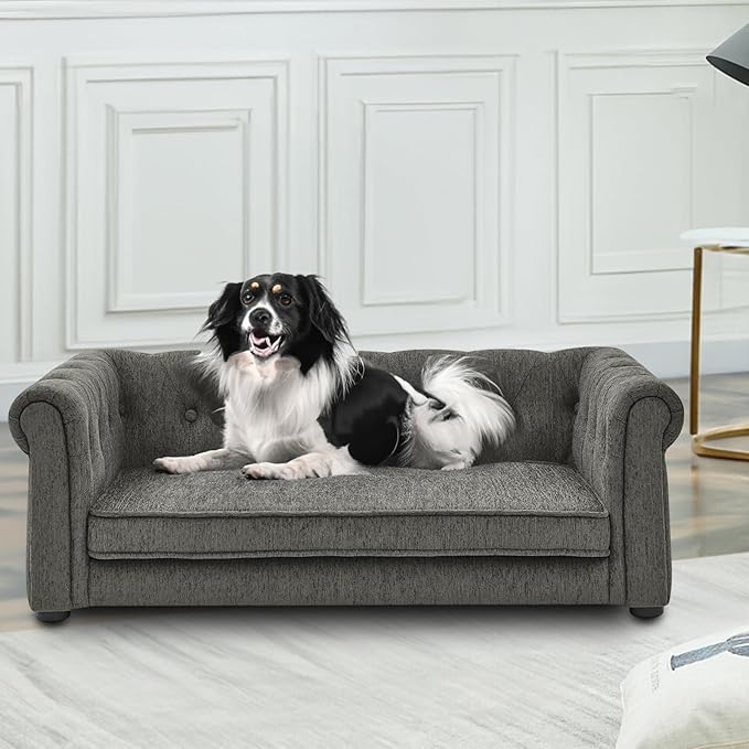 Elevated Rectangle Dog Sofa for Small & Medium Dogs - Comfortable Linen Fabric Dog Bed with Button Tufted Back, Durable Modern and Stylish Pet Bed for Living Room, Bedroom (Dark Grey)