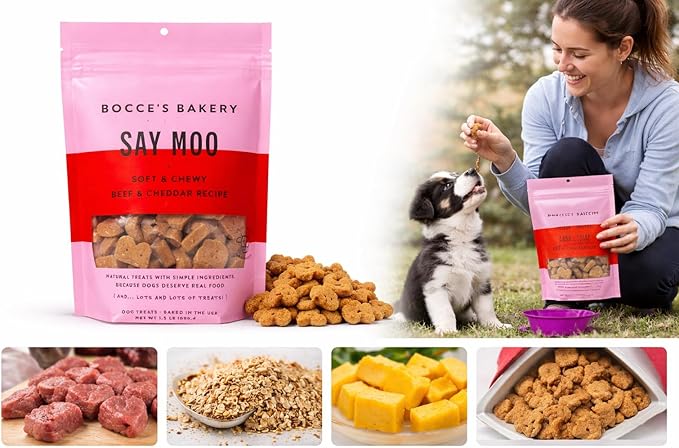 Say Moo Dog Treats. Bocces Bakery. Soft & Chewy Beef & Cheddar Recipe. 1.5 lb.