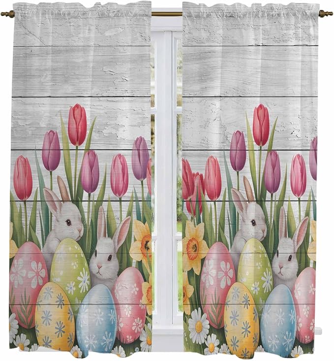 Easter Window Curtains 63 Inch Long 2 Panel Set, Rod Pocket Bedroom Curtains &