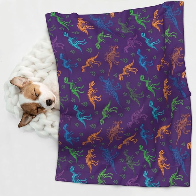 Reversible Plush Dot Pet Blanket for Dogs and Cats, Cool Dinosaur Purple, Ultra Soft Two Sided Design with Warm Fuzzy Side and Smooth Side for Comfort