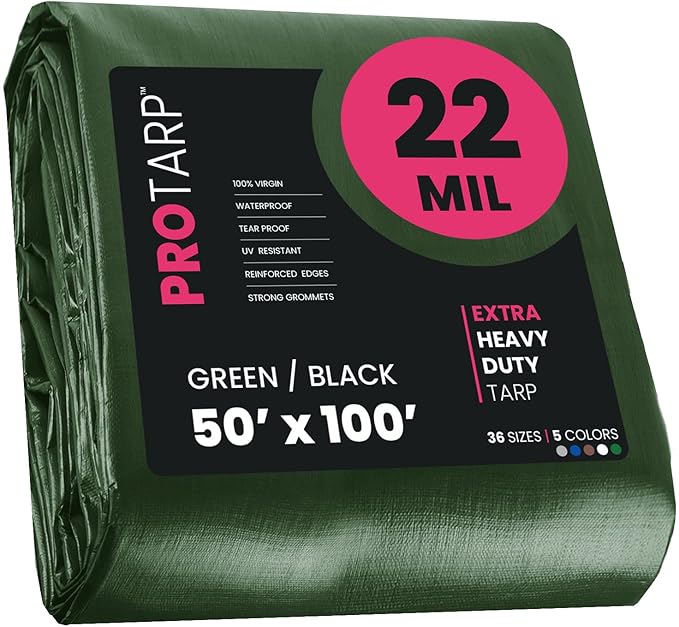 PROTARP Extreme Heavy Duty 22 Mil Tarp Cover, Waterproof, UV Resistant, Rip and Tear Proof, Poly Tarpaulin with Reinforced Edges for Roof, Camping, Patio, Pool, Boat. (Green/Black 50′ X 100′)