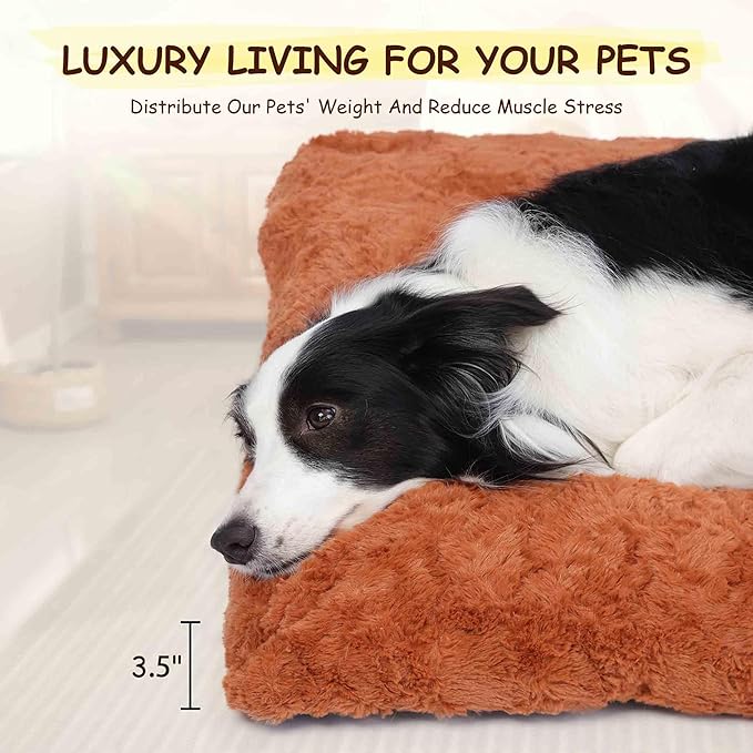 Washable Dog Bed for Small to Large Dogs, Calming Anti Anxiety Medium Dog Bed, Deluxe Plush Faux Fur Crate Beds, Comfy Fluffy Kennel Pad Pet Sleeping Mat with Non-Slip Bottom, 35"x22", Brown