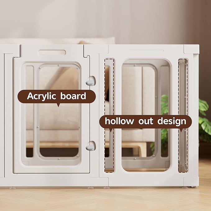 Jalove Dog Playpen Indoor, 24" H Plastic Puppy Playpen with Window, Easy Assembly and Cleaning, Clear Acrylic Pet Playpen for Puppy Cat Ferret, Small Dogs Fence Crate Kennel (White, 8 Panels)