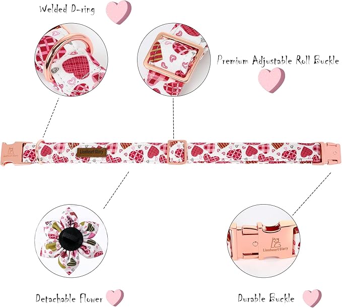 Lionheart Glory Heart Dog Collar, Valentine's Day Dog Collars with Flower, Cute Floral Pattern Pet Collars Adjustable Collar for X-Small Dogs