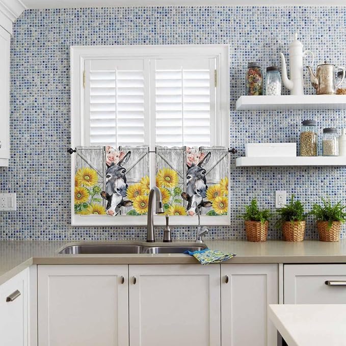 Farmhouse Half Window Curtains 24 Inches Long, Watercolor Sunflowers Animals
