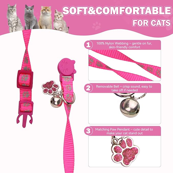 4PCS Breakaway Cat Collars,Reflective Cat Collar with Bells,Kitten Collars for Boy&Girl Cats Breakaway Collar for Cats with Paw Pendant 7.5-12.6 Inch(Purple+Hotpink+Red+Teal)