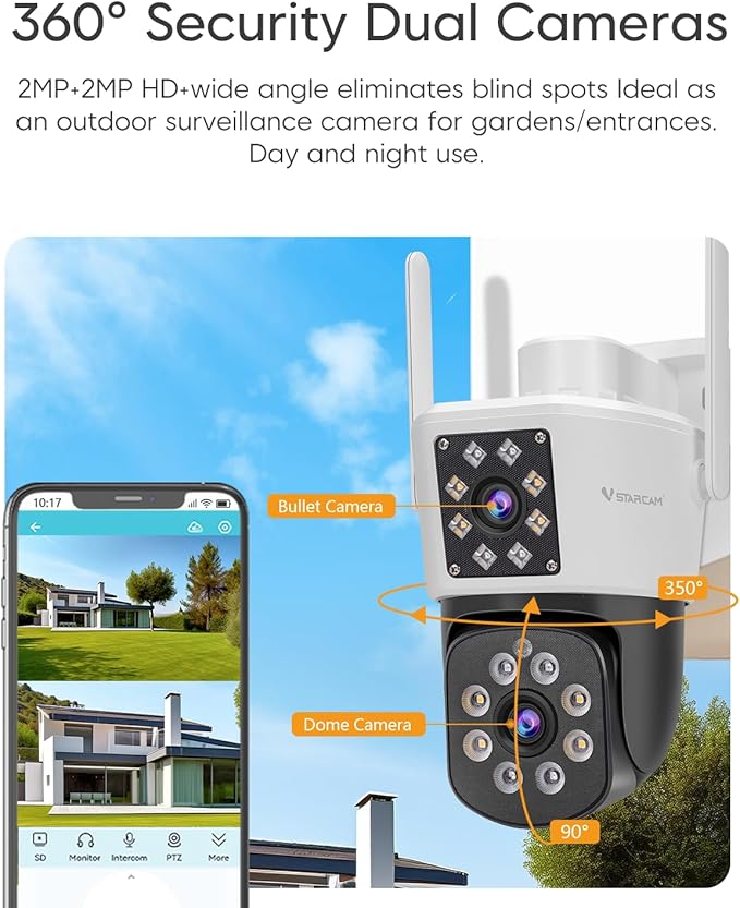 VSTARCAM 2MP+2MP Outdoor Security Camera, 2K Dual Camera, 360° Monitoring, Custom Alarm Sound, Full Color Night Vision, 2-Way Audio, 2.4GHz WiFi, PIR Motion Sensor,Real Time Notifications