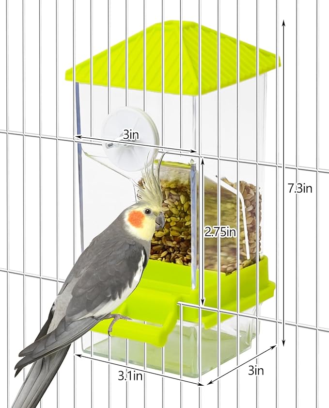 BNOSDM No Mess Automatic Bird Feeder 2 Pcs Anti-Splash Bird Feeder Acrylic Transparent Food Container Parrot Cage Accessories for Parakeets Budgies Lovebirds Cockatoos Conures Finches (Green)