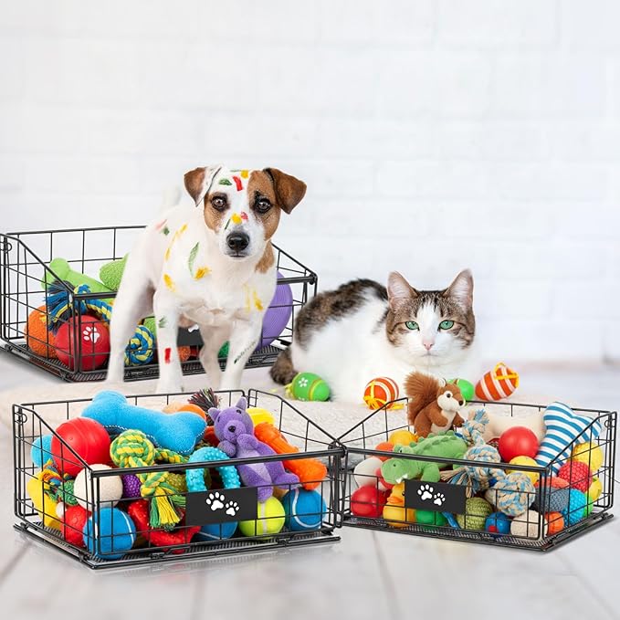 Mimorou 3 Pack Metal Dog Toy Baskets Multi-sized Foldable Dog Toy Bins Box Storage Container Organizer for Living Room Area Decorative Pet Accessories Coat Clothing Storage Holder Baskets(Black)