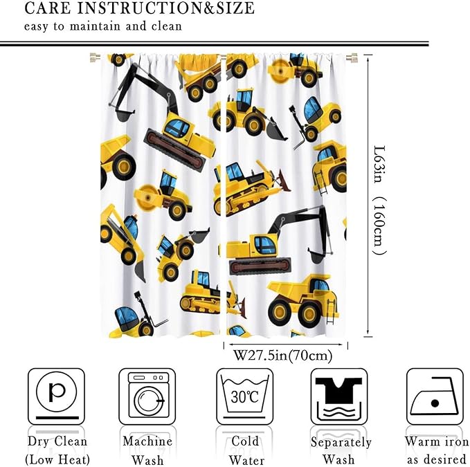 Kids Construction Equipment Window Curtains, Excavator Tractor Tow Truck Rod