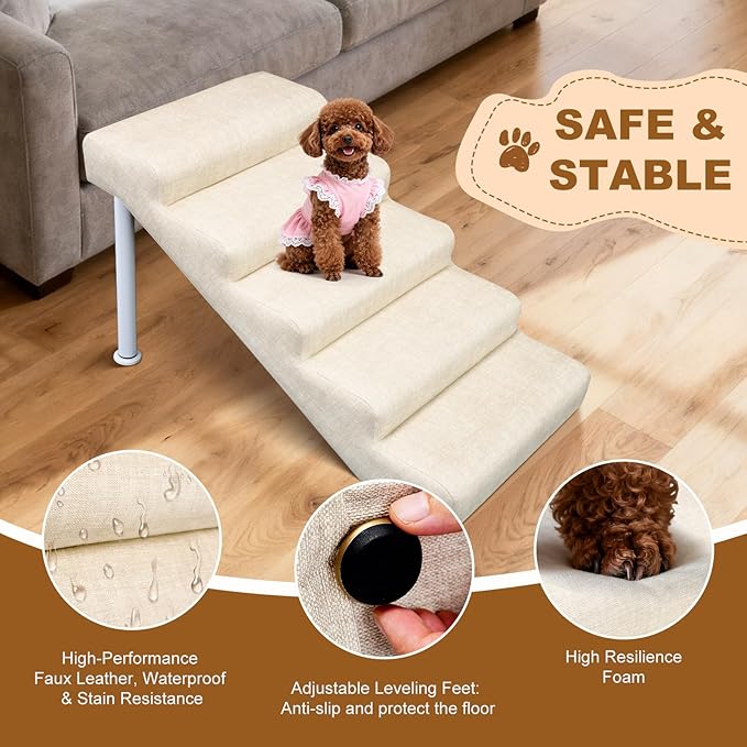 Adjustable Dog Stairs & Ramp for Cats and Dogs, 5-Step Pet Stairs for High Beds and Couch, 18.5"–23.6" Height, Linen Faux Leather, Waterproof, Scratch-Resistant, Non-Slip Indoor Pet Ramp