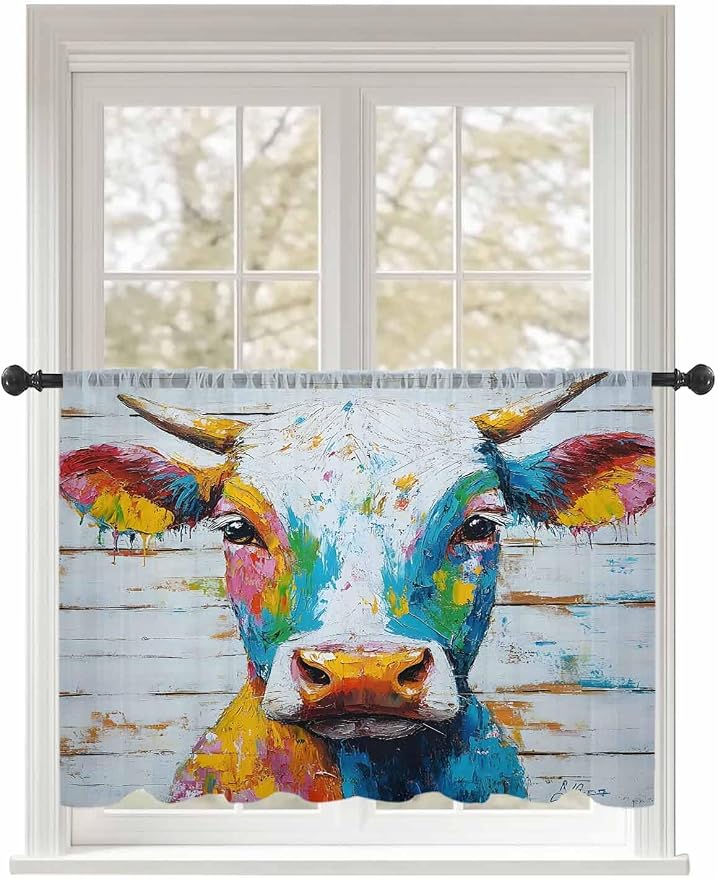 Sheer Curtains 54 Inch Length, Funny Colorful Cow Semi Sheer Curtains Light