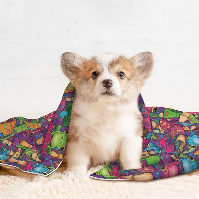 Dog and Cat Blanket in One, Watercolor Frogs Trippy Mushroom Cartoon, Double Sided Plush Throw with Raised Dot Pattern on One Side and Flat Velvet on Other for Variety