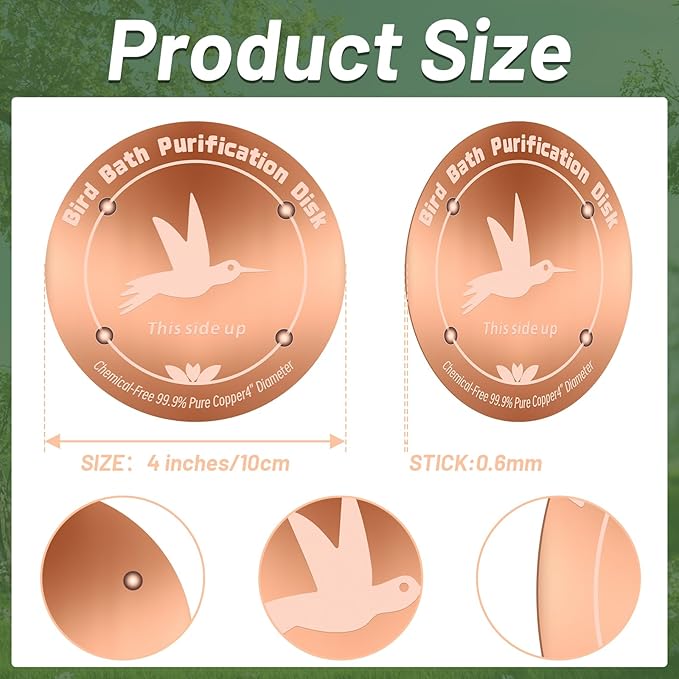 99.99% Pure Copper Bird Bath Purification Disk,Set of 2,0.6mm thick,Reinforced Copper Purification Cleaner with Four-Point Support,All-Season Safe Clean Water,Universal Fit for Outdoor Birdbath&Bowl