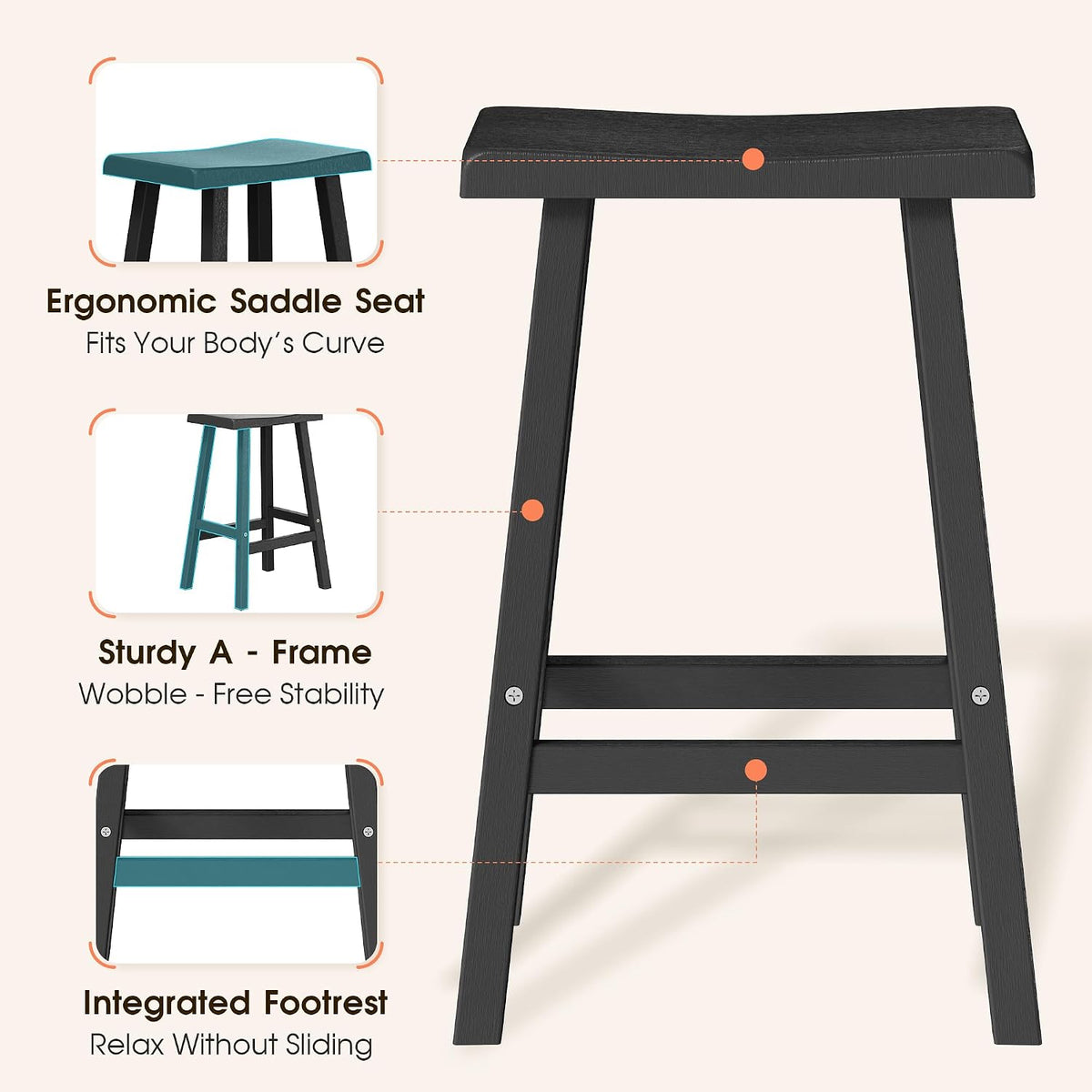 KAMABOKO 4 Set 24" HDPE Bar Stools Set Outdoor, Durable Resin Bar Chairs with Footrest, Weatherproof & Ergonomic Barstools for Patio, Deck & Poolside, Black