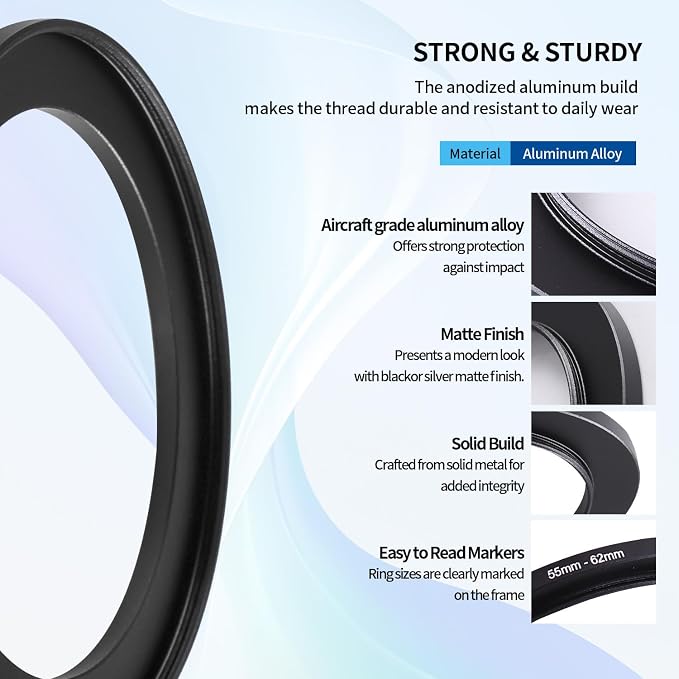 55-62mm Step-Up Ring Adapter, 55mm to 62mm Step Up Filter Ring