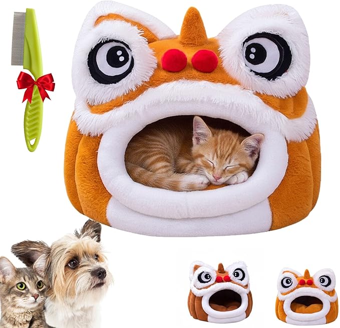 Cute Lion Head Pet Beds for Cats, Chinese Lion Dance Lion Cats Bed, Soft Cozy Plush Cat House & Dog Cave with Cushion for Small Medium Cats Dogs (Brown,M)