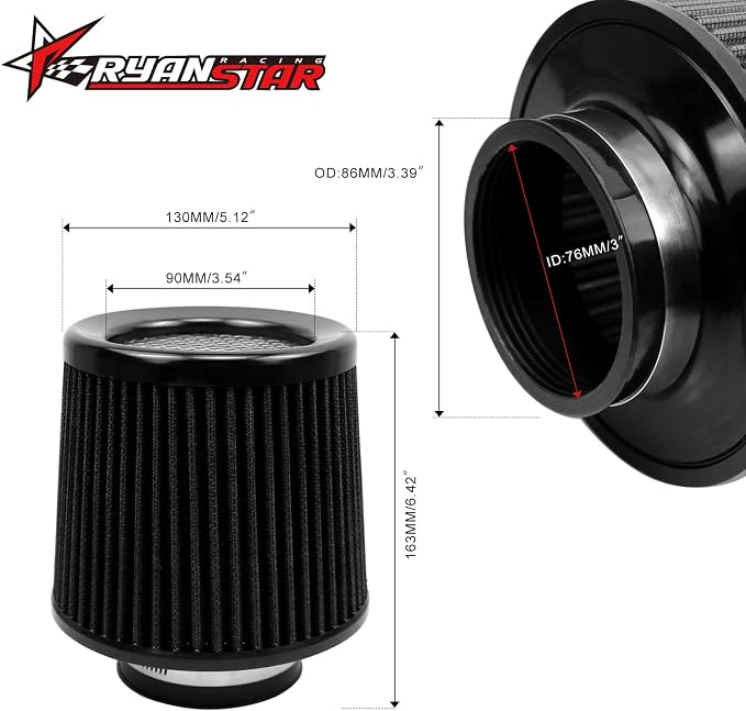 RYANSTAR 76mm 3" High Flow Round Tapered Cone Cool Air Filter Cleaner