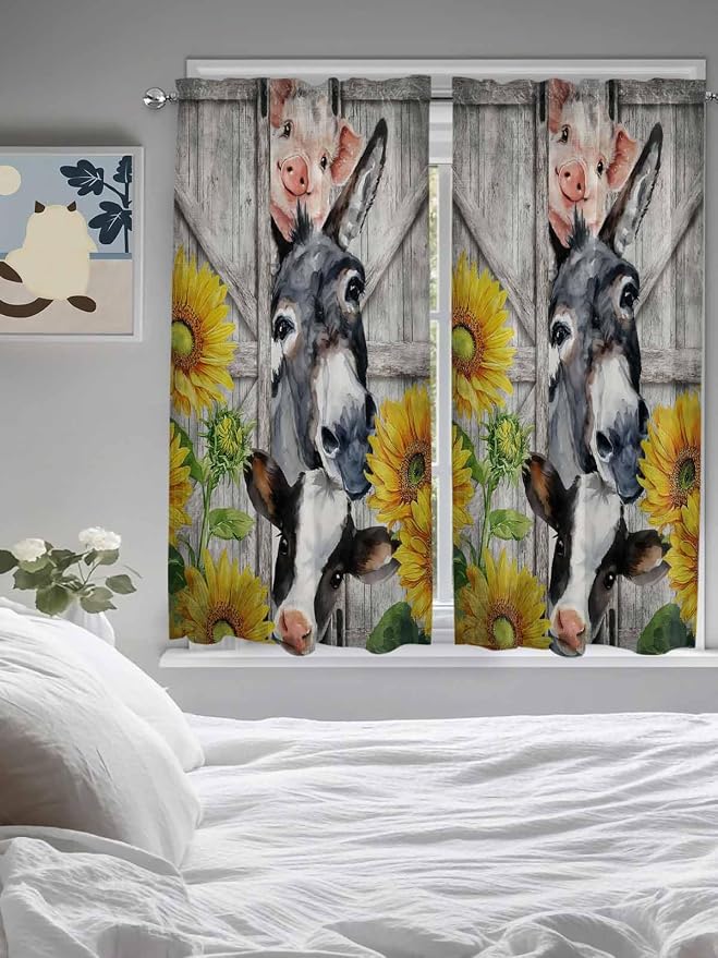 Farmhouse Living Room Curtains 72 Inches length, Vintage Sunflowers Animals