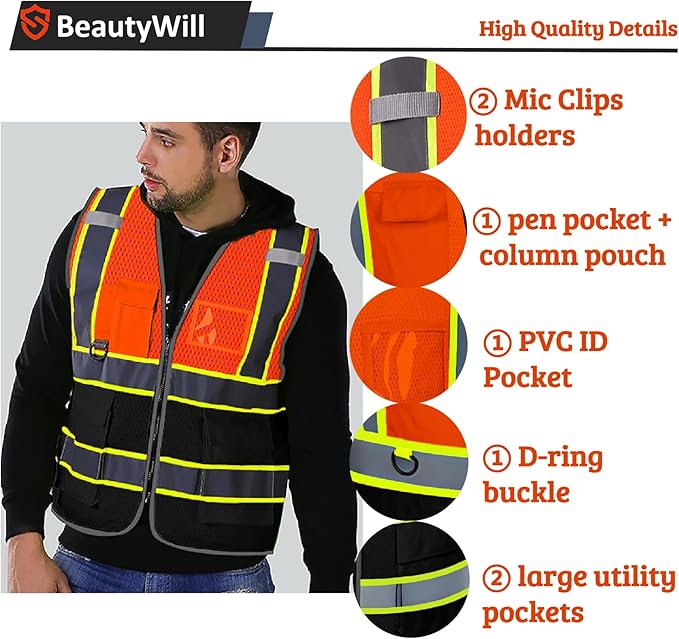 BeautyWill Custom Safety Vest Customized Logo Mesh Vest Class2 High Visibility Reflective Vest with Pockets Orange Workwear（Orange Black，XL ）