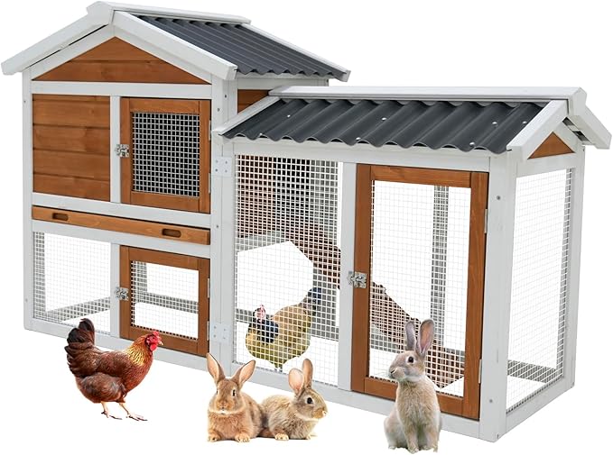 58-Inch Solid Wood Hutch/Cage for Indoor & Outdoor Use with Waterproof Roof – Suitable for Rabbits, Small Rodents & Pets, 2-Tier Design with Stairs and Removable Pull-Out Cleaning Tray（41314）