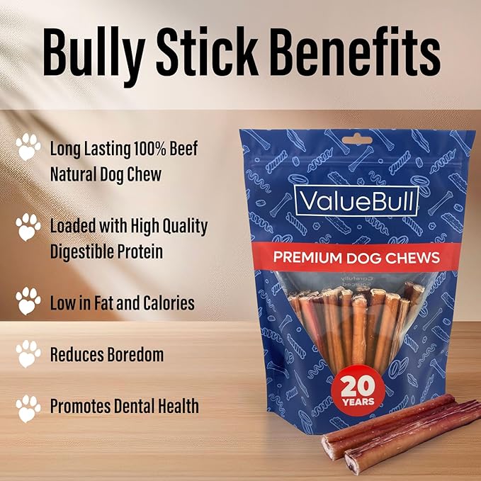ValueBull Bully Sticks for Dogs, Thick 6 Inch, 200 Count Bulk Pack - All Natural, Grass Fed, Single Ingredient, Long Lasting Dog Treats