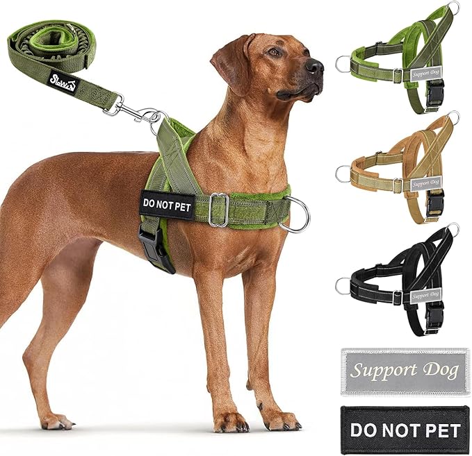 SlowTon No Pull Dog Harness - Heavy Duty Dog Harness and Leash Set for Medium Large Dogs, Reflective Tactical Harness with Soft Padded and Front Clip for Easy Walk and Training (Green XL)