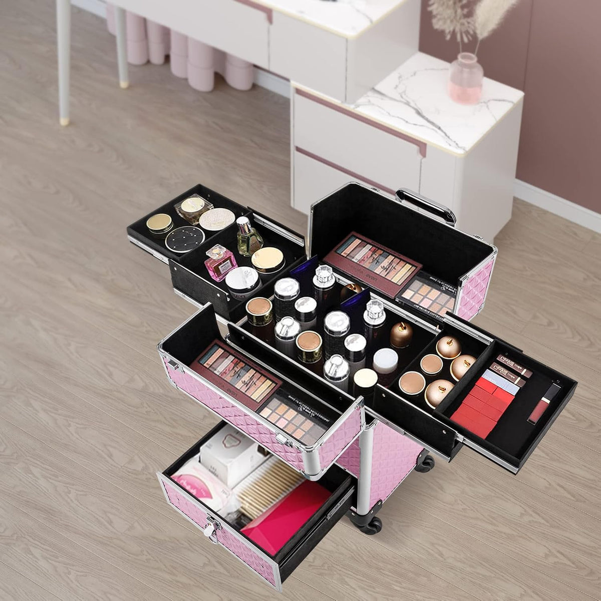Rolling Makeup Train Case,Professional Aluminum Trolley Case with 4 Detachable Wheels,Nail Polish Organizer with 7 Compartments and a Drawer,for Storing Scissors Makeup Jewelry (Pink Style A)