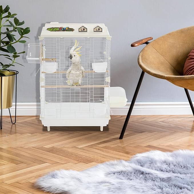 30Inch Bird Cage with Perches, Small Flight Cage with Detachable Tray 2 Tiers Iron Birdcage Freestanding Parrot Cage White for Small Medium Birds